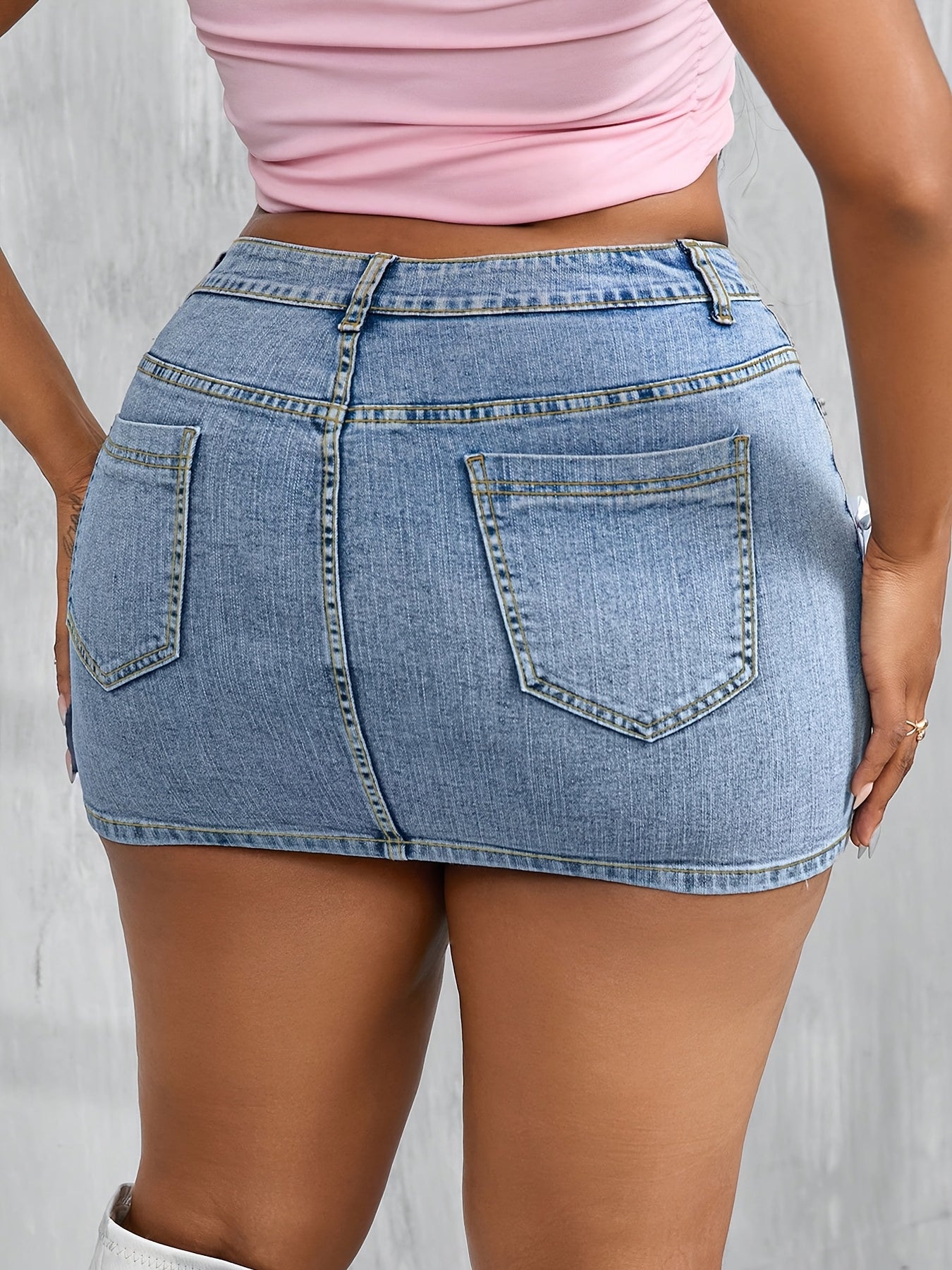 Plus Size Sexy Tight Denim Mini Skirt With Bow Decor, Blue